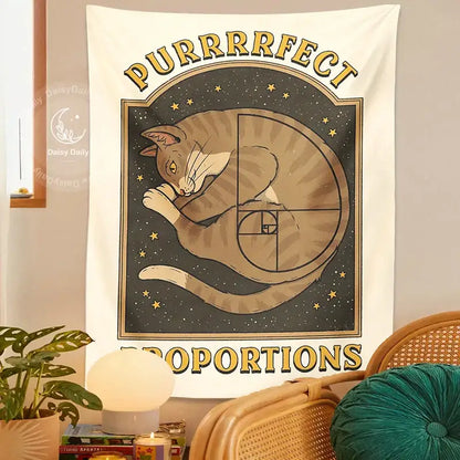 Boho beige and gold cute cat tapestry wall hanging bedroom decor