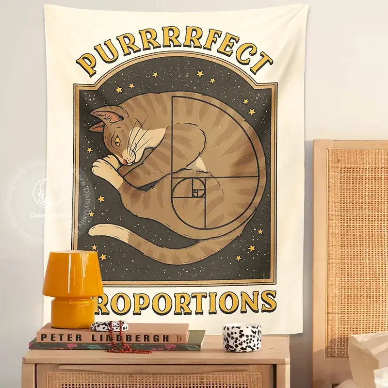 Boho beige and gold cute cat tapestry wall hanging bedroom decor