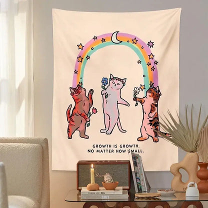 Boho beige cat tapestry wall hanging for bedroom floral art