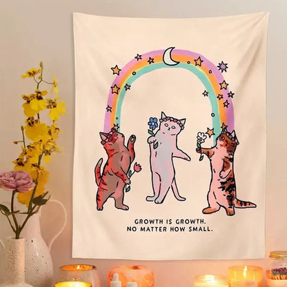 Boho beige cat tapestry wall hanging for bedroom floral art