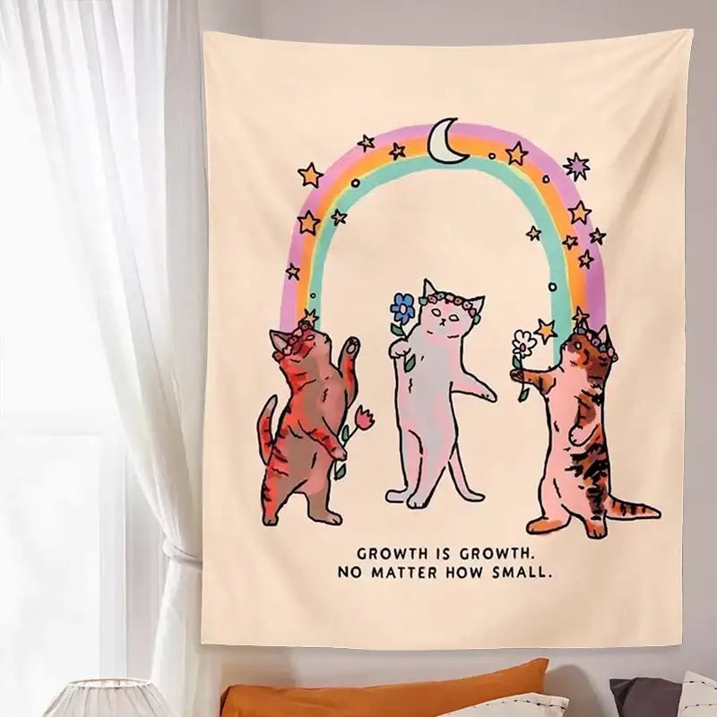 Boho beige cat tapestry wall hanging for bedroom floral art
