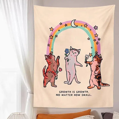 Boho beige cat tapestry wall hanging for bedroom floral art