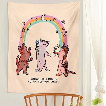 Boho beige cat tapestry wall hanging for bedroom floral art