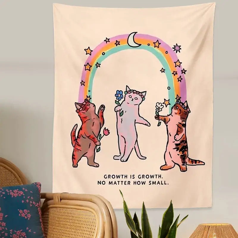 Boho beige cat tapestry wall hanging for bedroom floral art