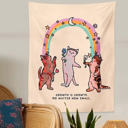 Boho beige cat tapestry wall hanging for bedroom floral art
