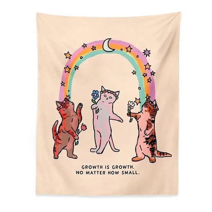 Boho beige cat tapestry wall hanging for bedroom floral art