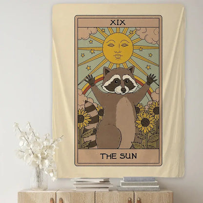 Boho beige cute raccoon tarot card tapestry bedroom wall art