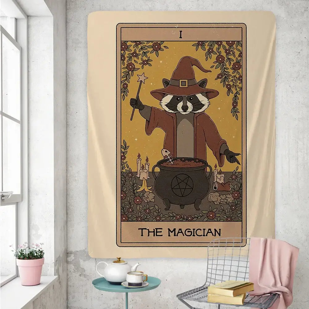 Boho beige cute raccoon tarot card tapestry bedroom wall art