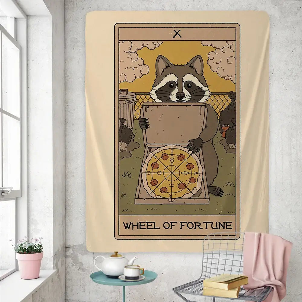 Boho beige cute raccoon tarot card tapestry bedroom wall art