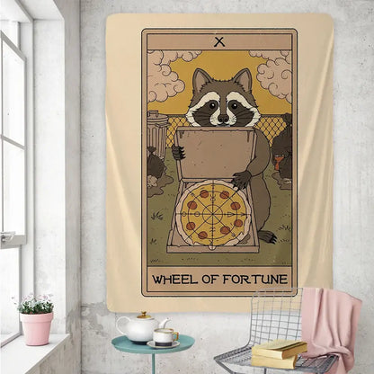 Boho beige cute raccoon tarot card tapestry bedroom wall art