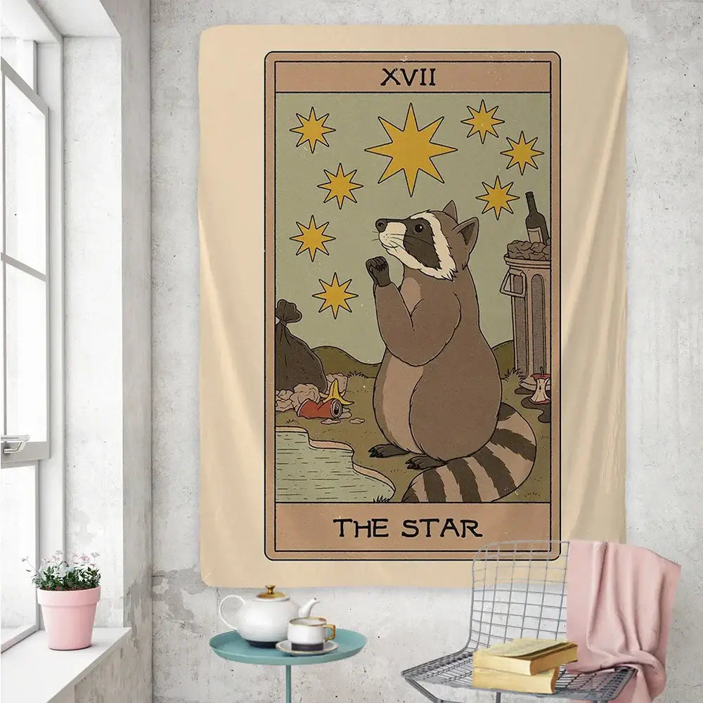 Boho beige cute raccoon tarot card tapestry bedroom wall art