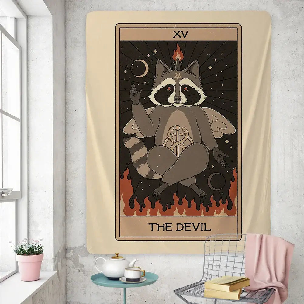 Boho beige cute raccoon tarot card tapestry bedroom wall art