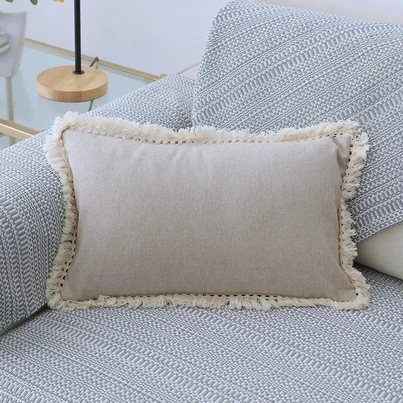 Boho beige linen tassel pillow cover set for living room sofa