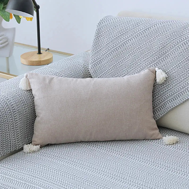 Boho beige linen tassel pillow cover set for living room sofa
