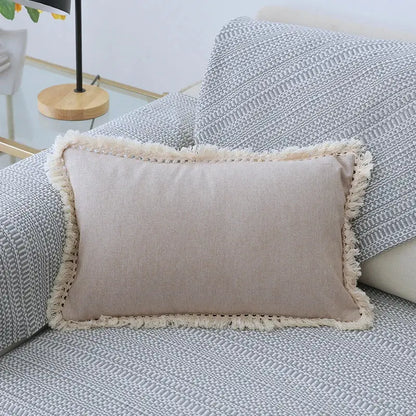 Boho beige linen tassel pillow cover set for living room sofa