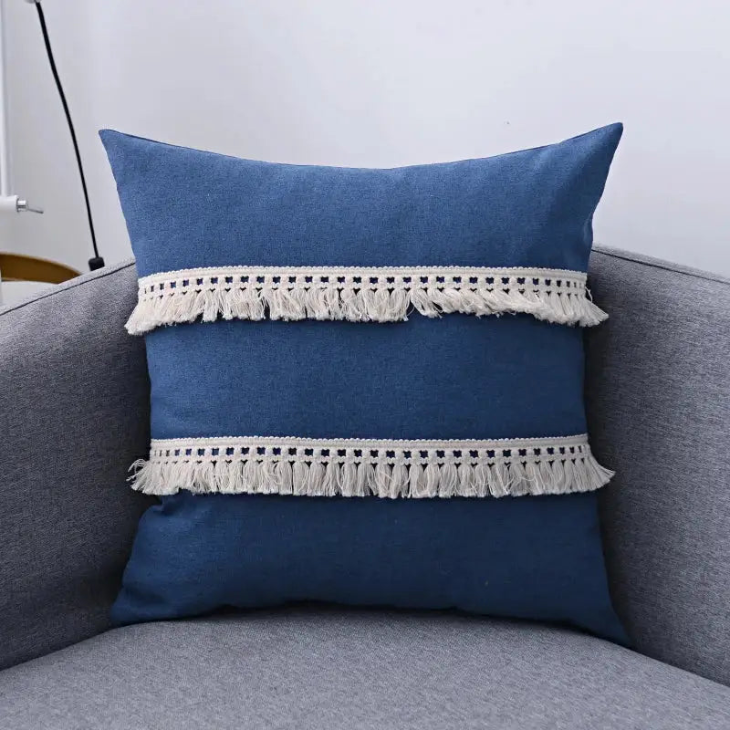 Boho beige linen tassel pillow cover set for living room sofa
