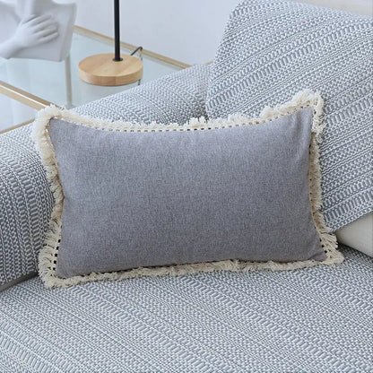Boho beige linen tassel pillow cover set for living room sofa