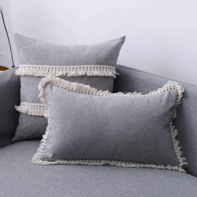 Boho beige linen tassel pillow cover set for living room sofa
