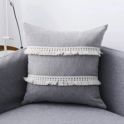 Boho beige linen tassel pillow cover set for living room sofa