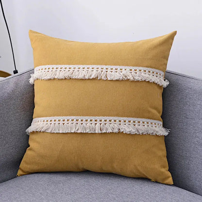 Boho beige linen tassel pillow cover set for living room sofa