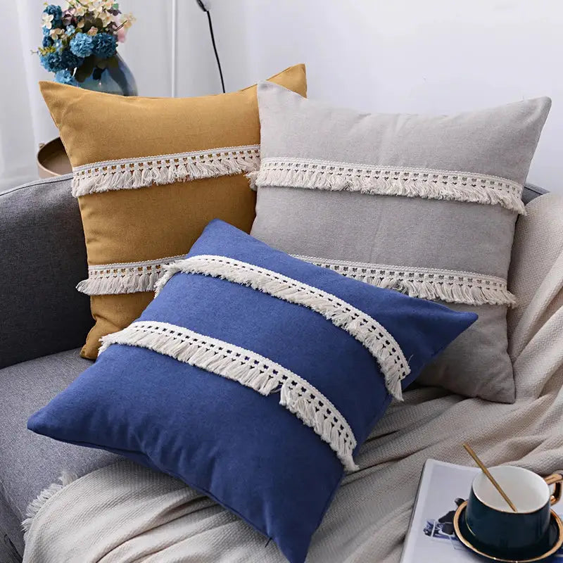 Boho beige linen tassel pillow cover set for living room sofa