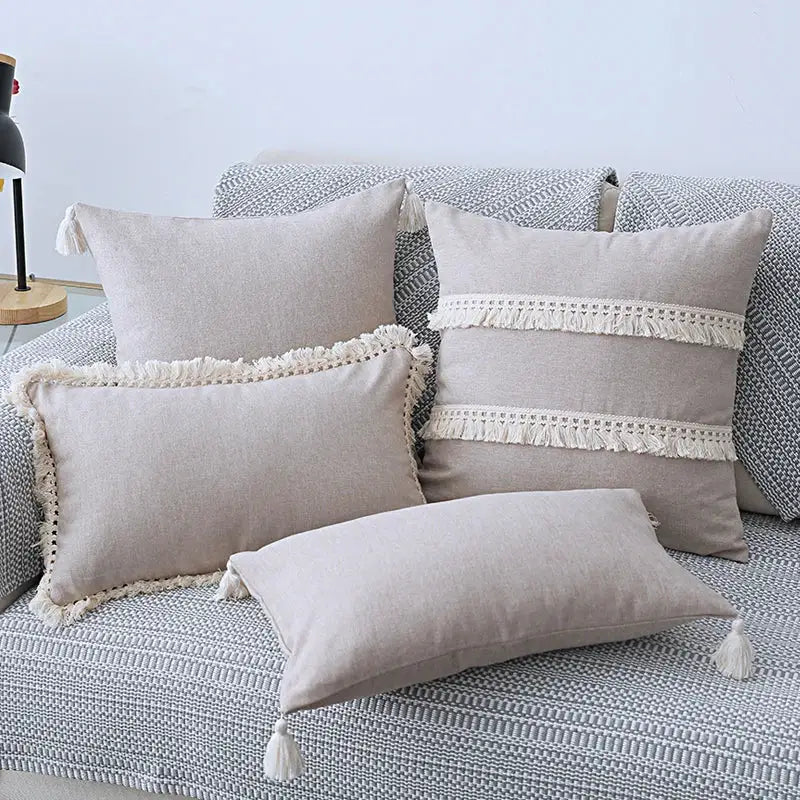 Boho beige linen tassel pillow cover set for living room sofa