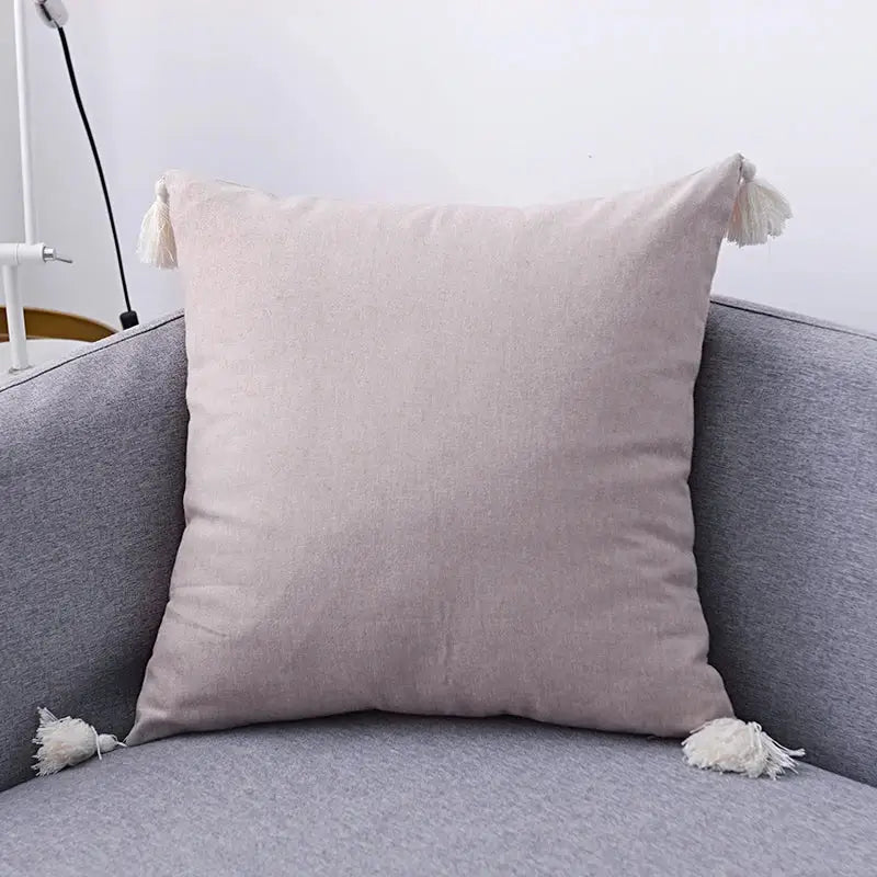 Boho beige linen tassel pillow cover set for living room sofa