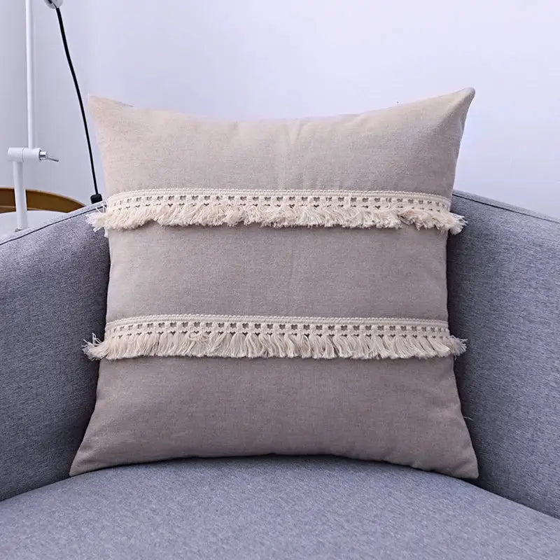 Boho beige linen tassel pillow cover set for living room sofa