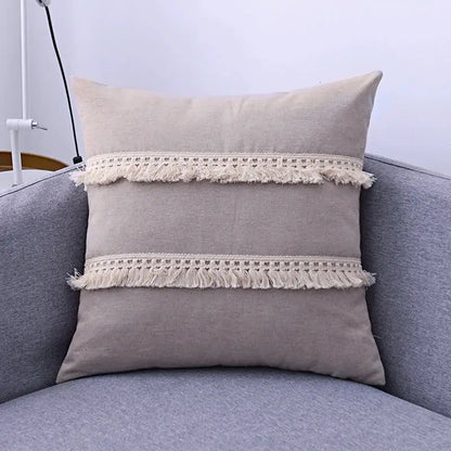 Boho beige linen tassel pillow cover set for living room sofa