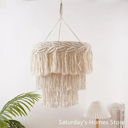 Boho beige macrame pendant light cover for bedroom chandelier
