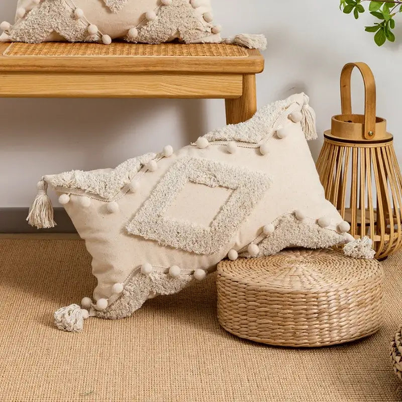 Boho beige tasseled cushion cover living room woven pillow case