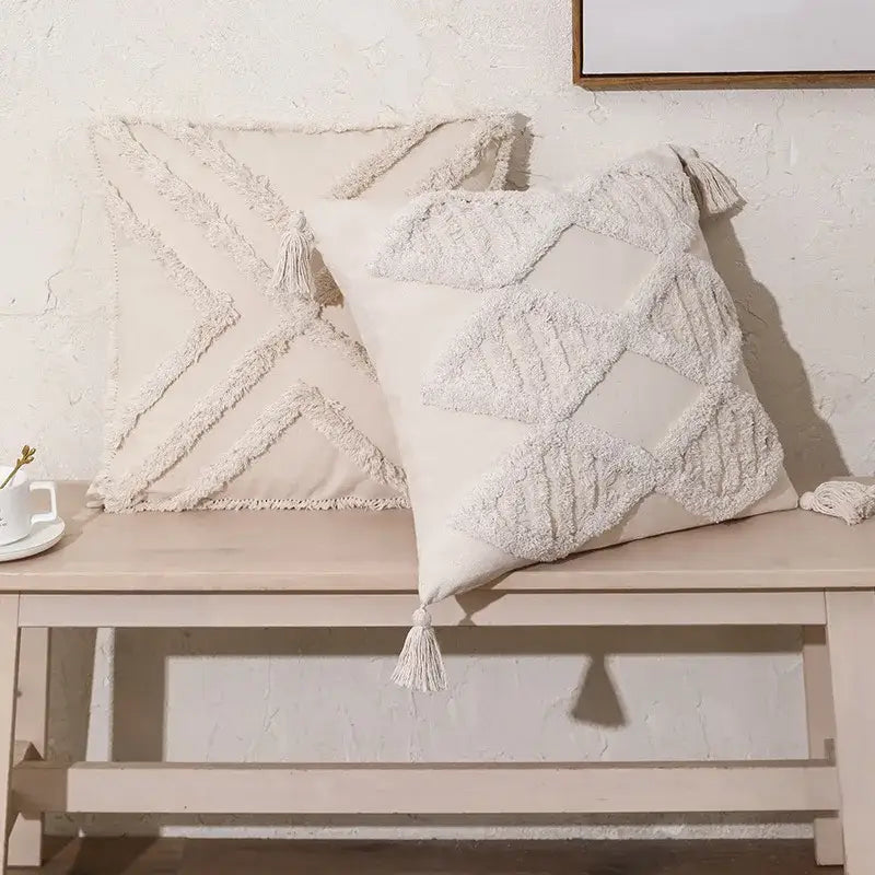 Boho beige tasseled cushion cover living room woven pillow case