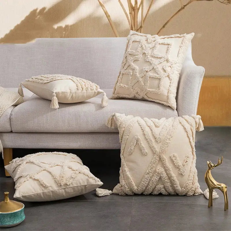 Boho beige tasseled cushion cover living room woven pillow case