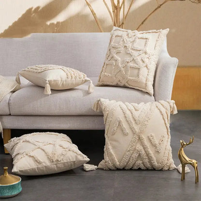 Boho beige tasseled cushion cover living room woven pillow case
