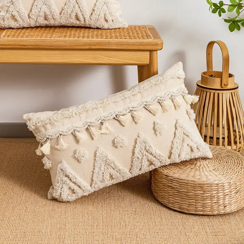 Boho beige tasseled cushion cover living room woven pillow case