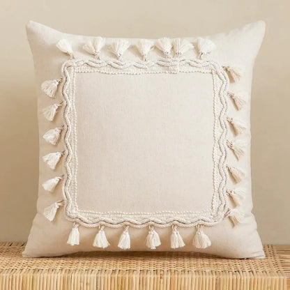 Boho beige tasseled cushion cover living room woven pillow case