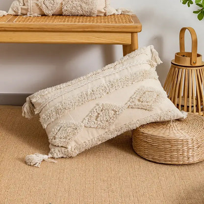 Boho beige tasseled cushion cover living room woven pillow case