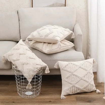 Boho beige tasseled cushion cover living room woven pillow case