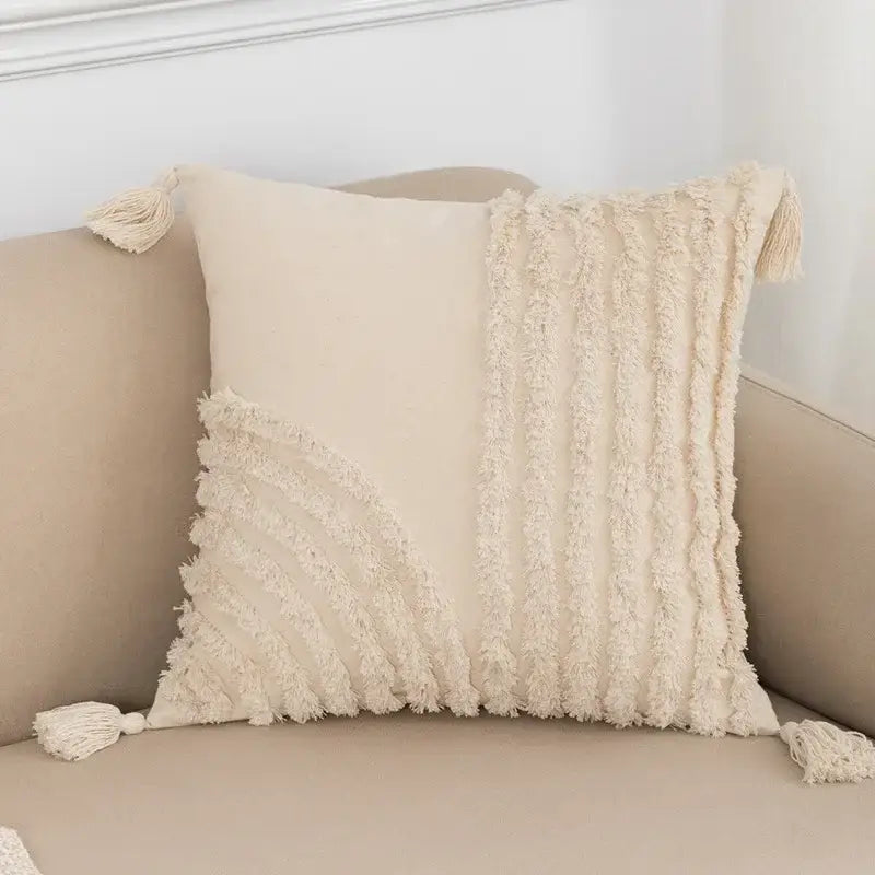 Boho beige tasseled cushion cover living room woven pillow case