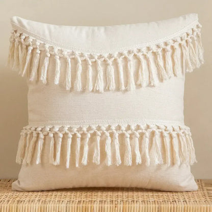 Boho beige tasseled cushion cover living room woven pillow case