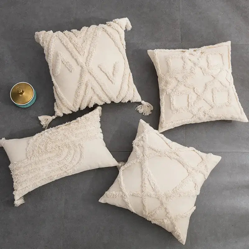 Boho beige tasseled cushion cover living room woven pillow case