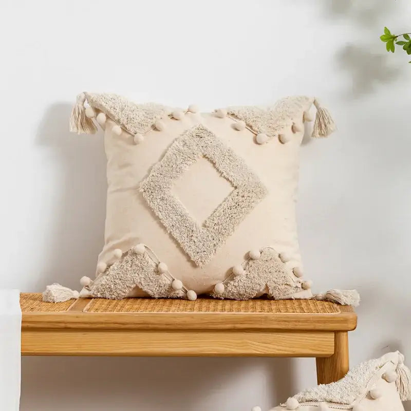 Boho beige tasseled cushion cover living room woven pillow case