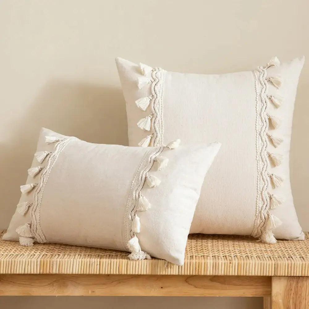 Boho beige tufted fringed cushion cover living room pillow case