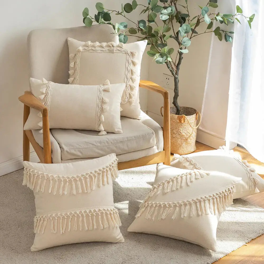 Boho beige tufted fringed cushion cover living room pillow case