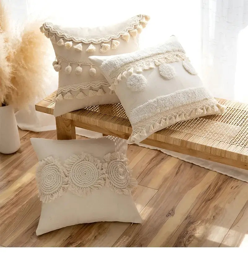 Boho beige tufted fringed cushion cover living room pillow case