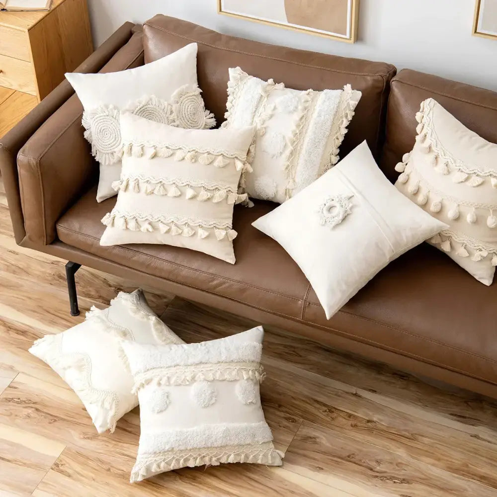 Boho beige tufted fringed cushion cover living room pillow case