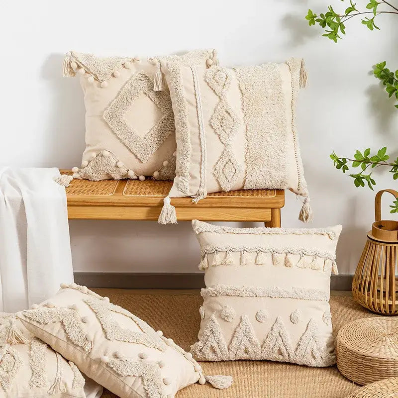 Boho beige tufted fringed geometric pillow cover living room decor