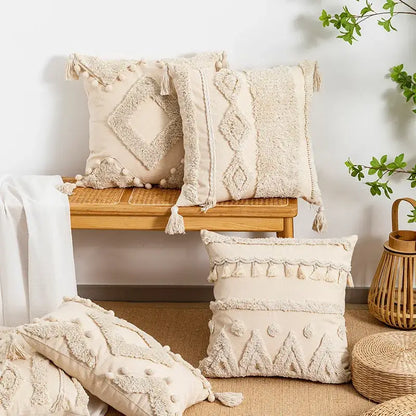 Boho beige tufted fringed geometric pillow cover living room decor