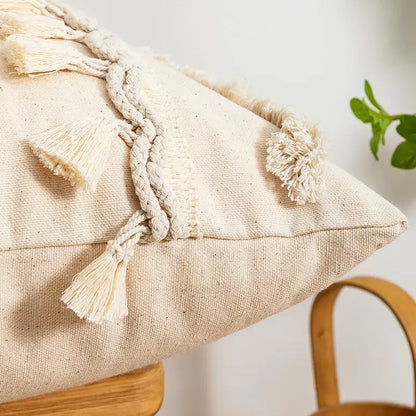 Boho beige tufted fringed geometric pillow cover living room decor