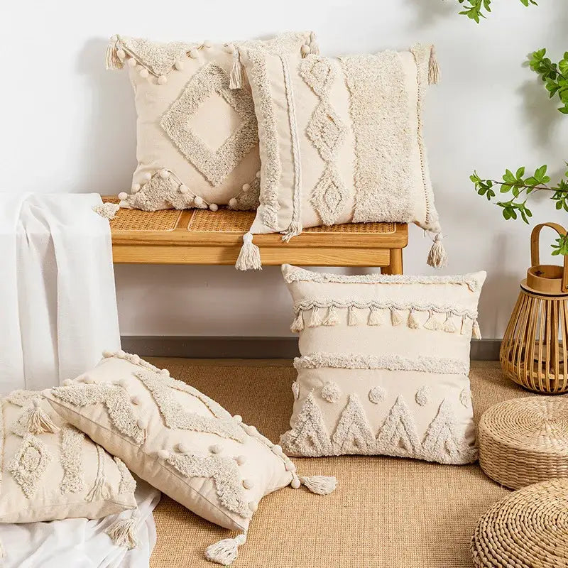 Boho beige tufted fringed geometric pillow cover living room decor